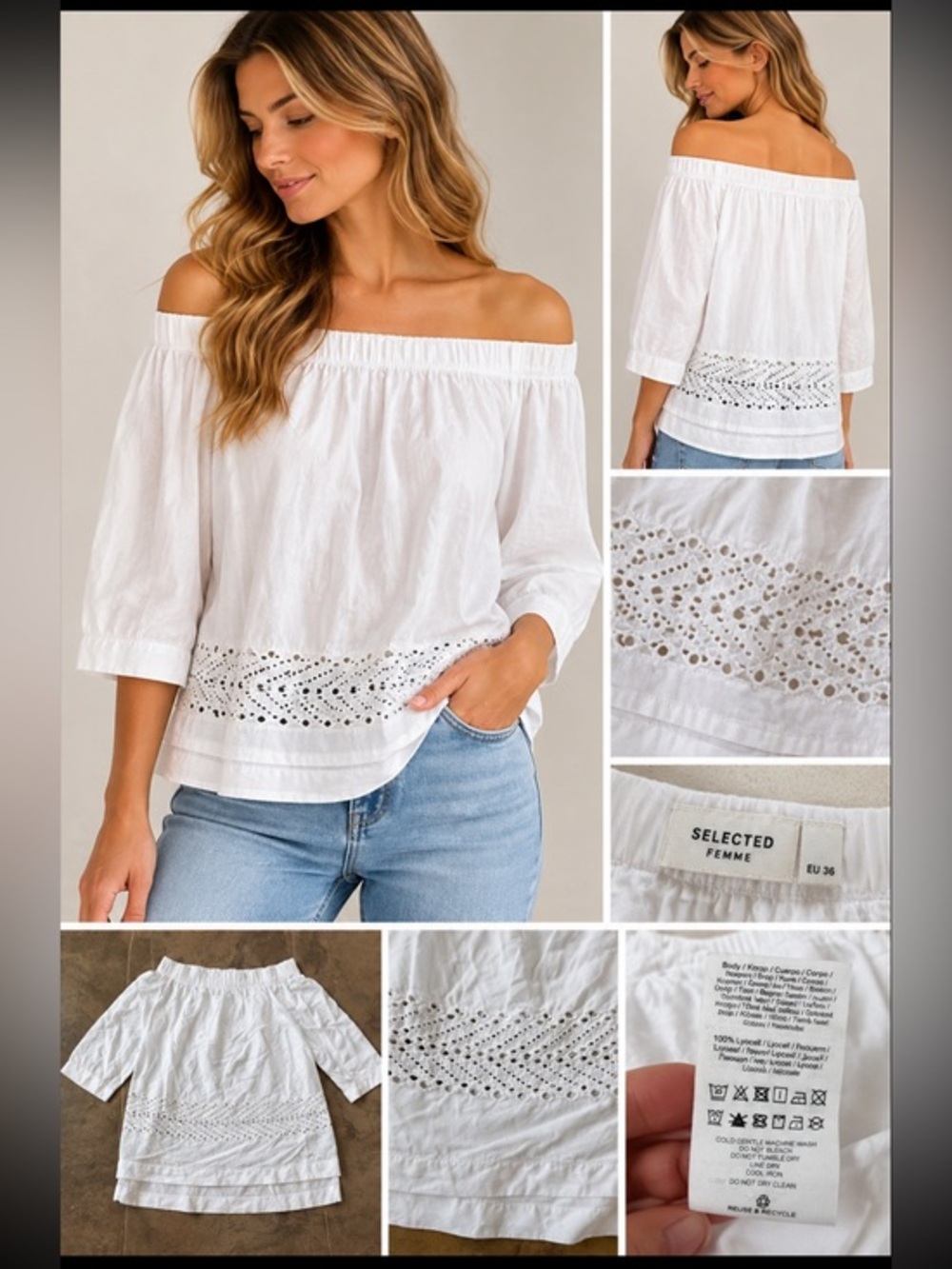 Selected Femme White Off Shoulder Eyelet Blouse EU 36 US 4